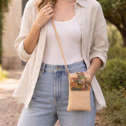 5pcs | Cork Phone Crossbody Bag | Patchwork Flap, Snap Closure & Cork Rope Strap BAGP-371