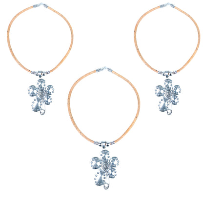 Portuguese Handmade Cork Necklace with Floral Alloy Pendant NE-1091-3