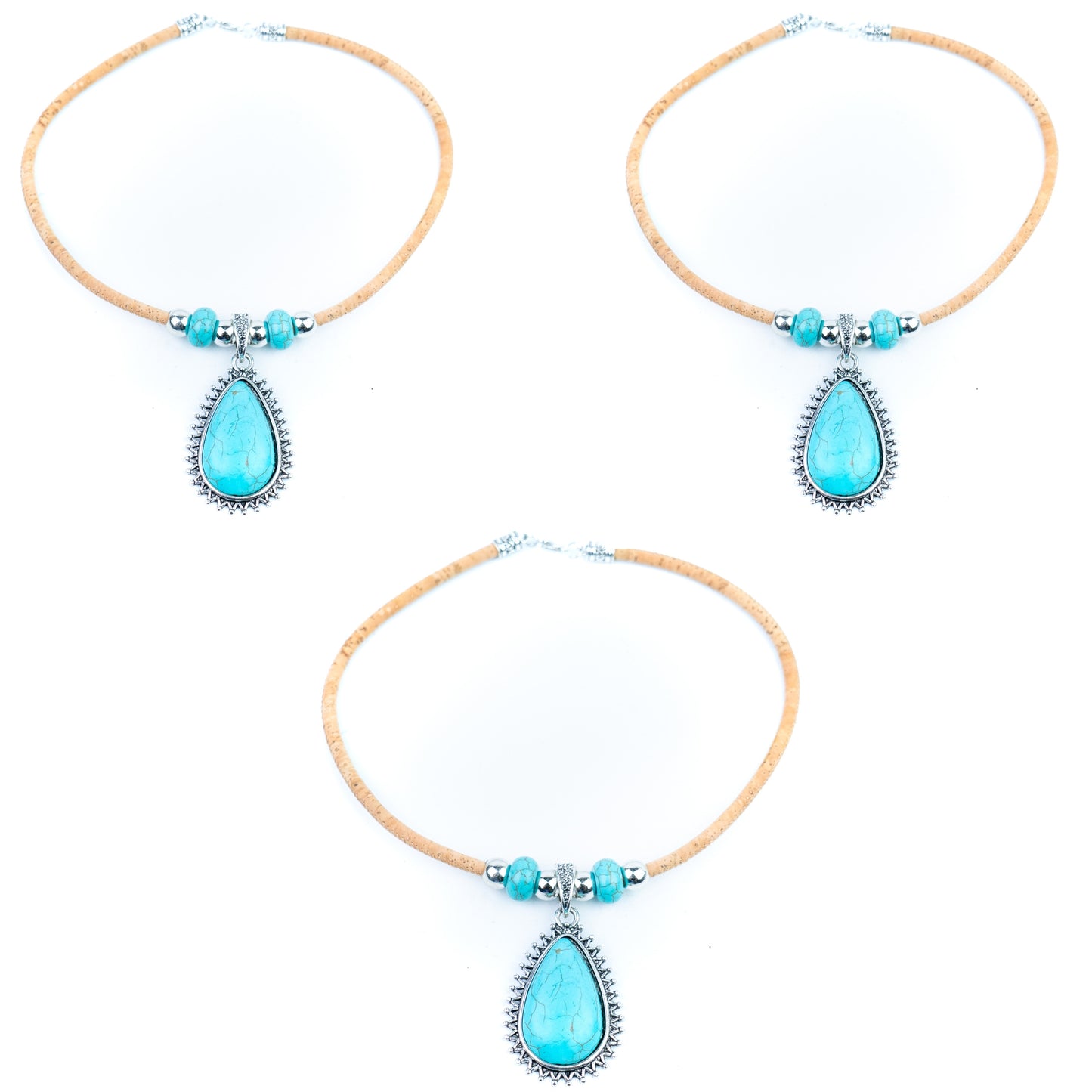 Handmade 5mm Natural Cork Necklace with Turquoise-Colored Pendant N-205-3