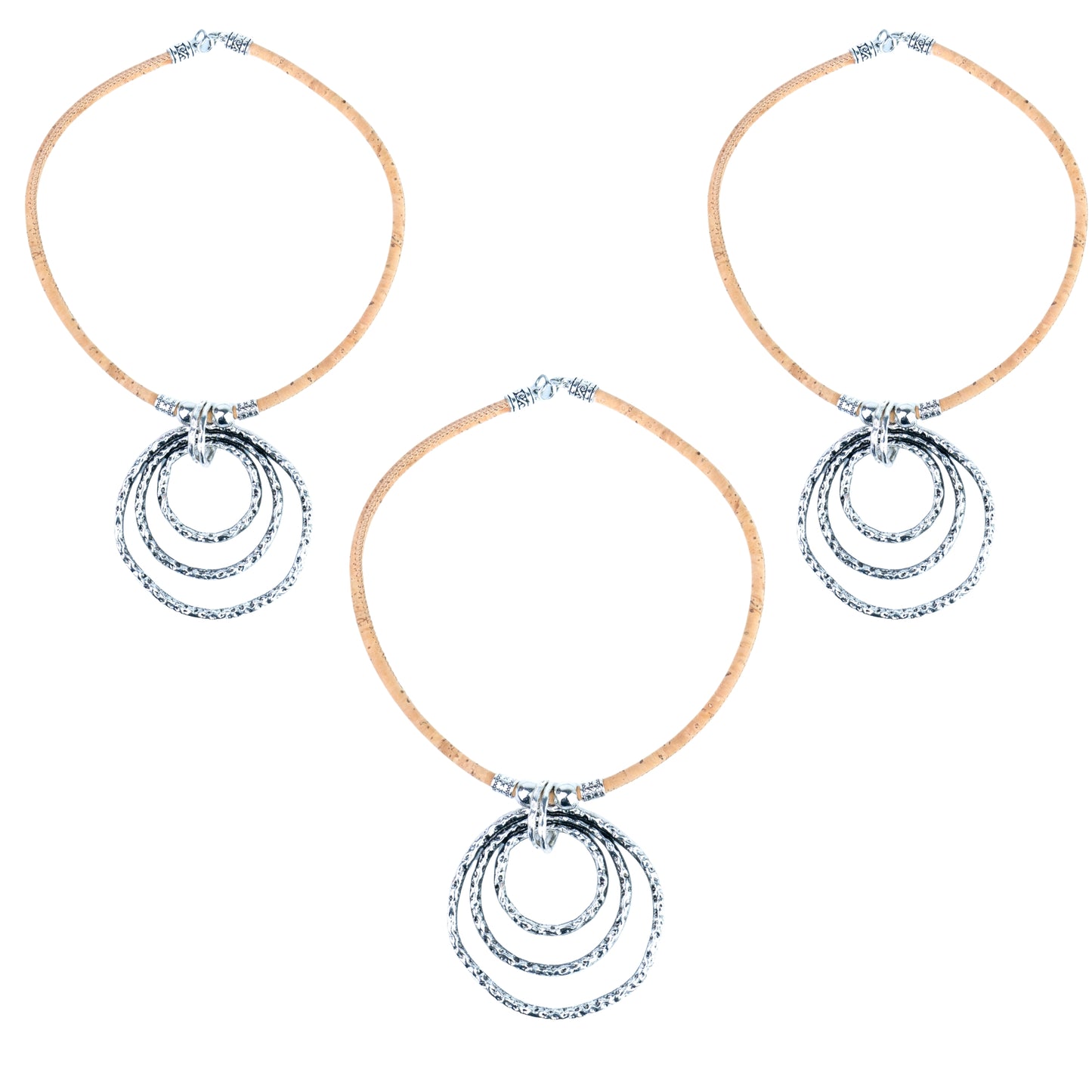 Portuguese Handmade Cork Necklace with Triple Circle Alloy Pendant NE-1092-3