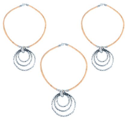 Portuguese Handmade Cork Necklace with Triple Circle Alloy Pendant NE-1092-3