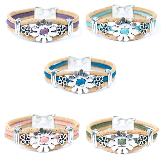 Natural cork cord and alloy hardware  flower handmade women's bracelet  BR-458-MIX-5