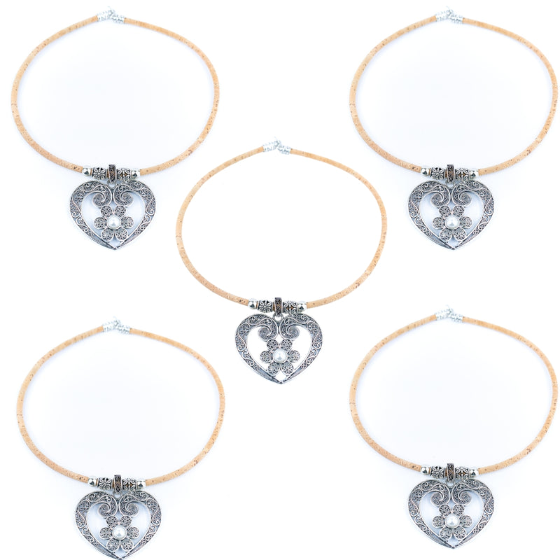 Natural cork cord and hollow heart pendant handmade women&