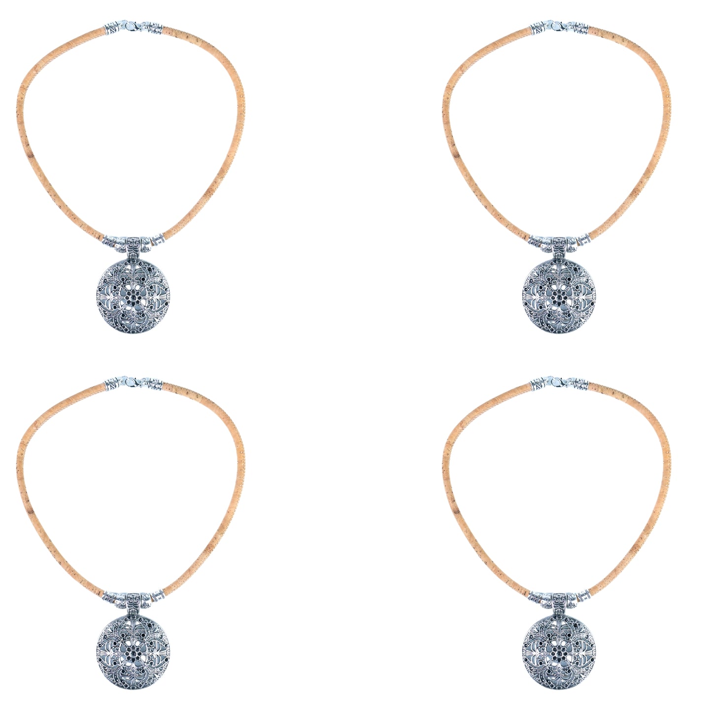 Portuguese Handmade Cork Necklace with Filigree Round Alloy Pendant NE-1094-4