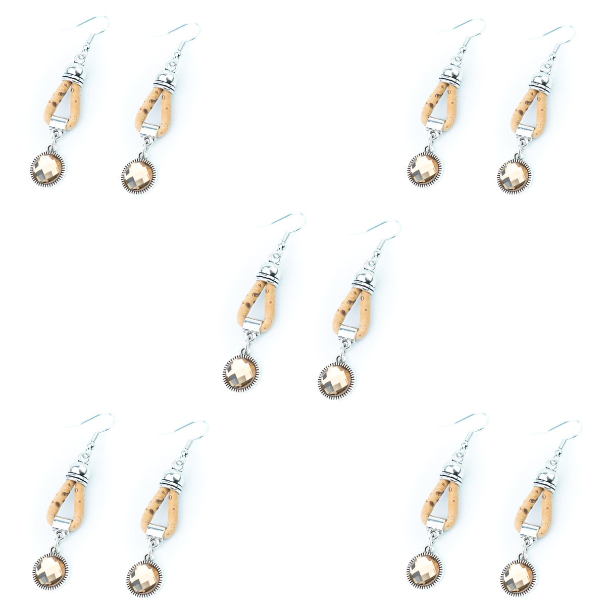 Portuguese Handmade 3mm Natural Cork Drop Earrings with Round Pattern Pendant – Pack of 5 Pairs-ER-211-5