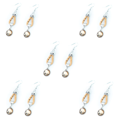 Portuguese Handmade 3mm Natural Cork Drop Earrings with Round Pattern Pendant – Pack of 5 Pairs-ER-211-5