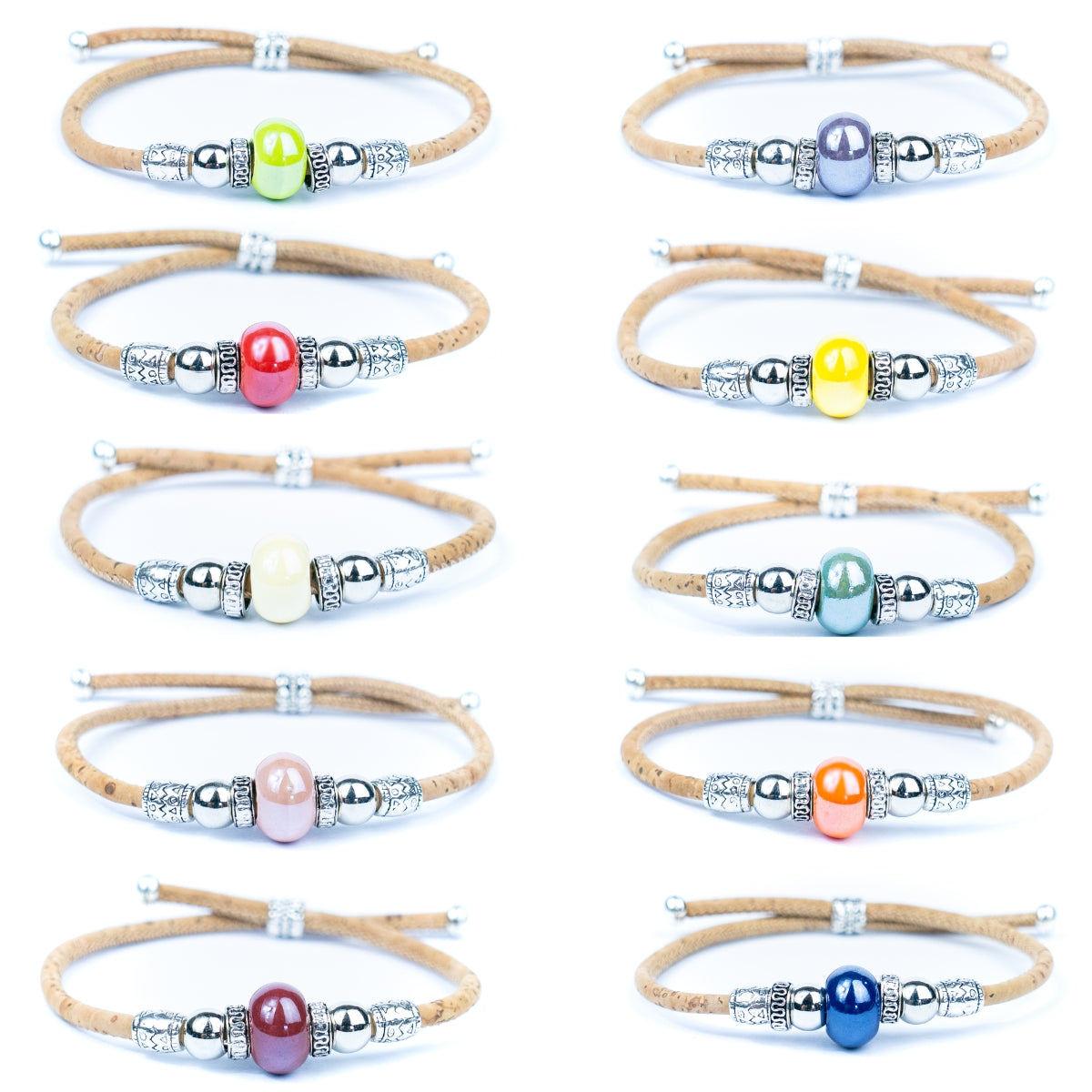 Handcrafted bracelet with natural cork thread and Colorful Ceramic beads.BRW-024-MIX-10