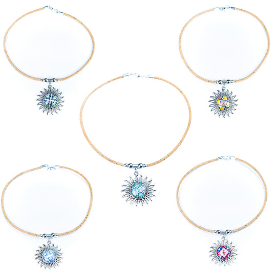 Handmade Portuguese Cork Necklace with Sun Pendant | Mixed Colors NE-1030-MIX-5-RANDOM