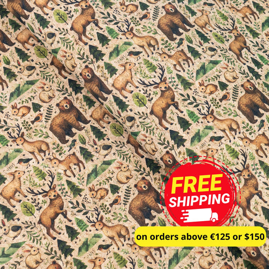 Woods Animal Pattern with Bears and Deers Cork Fabric COF-774