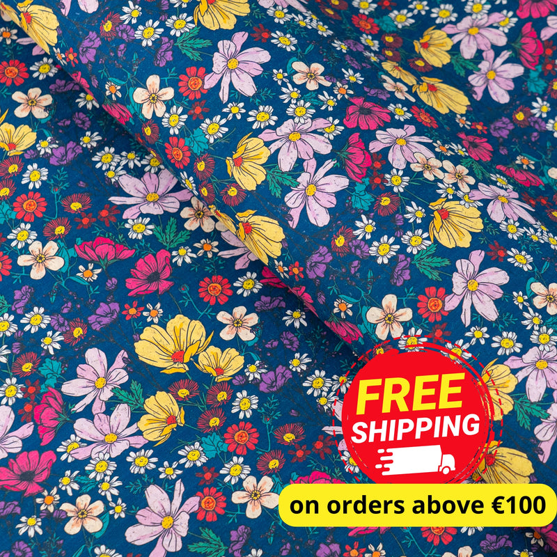 Dark Blue Floral Cork Fabric COF-622