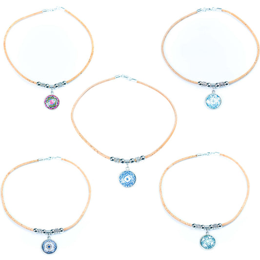 Handmade Portuguese Cork Necklace with round alloy Pendant | Mixed Colors NE-1036-MIX-5-RANDOM