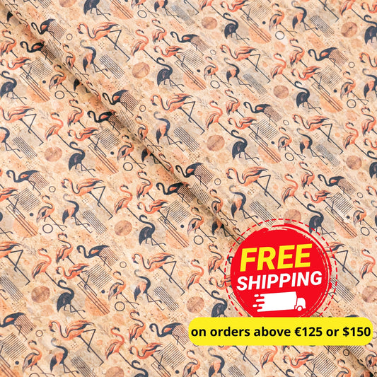 Flamingo Collection - Flamingo and Geometrical Lines and Circles Pattern Cork Fabric COF-745