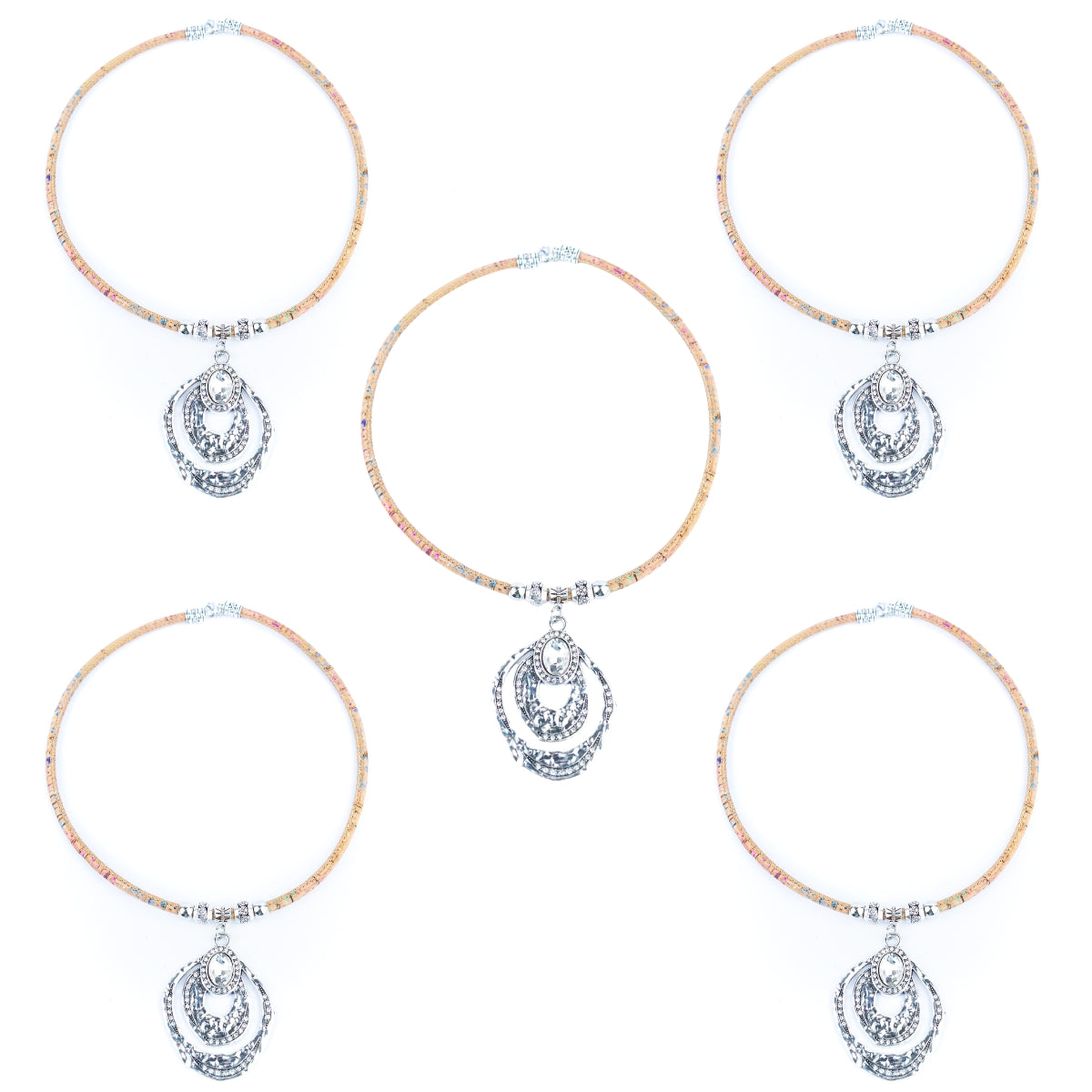 Elegant Handmade Cork Necklace – Multi-Layer Arc Pendant in Vintage Silver, Natural Eco Jewelry N-201-5