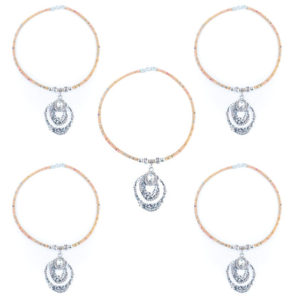 Elegant Handmade Cork Necklace – Multi-Layer Arc Pendant in Vintage Silver, Natural Eco Jewelry N-201-5