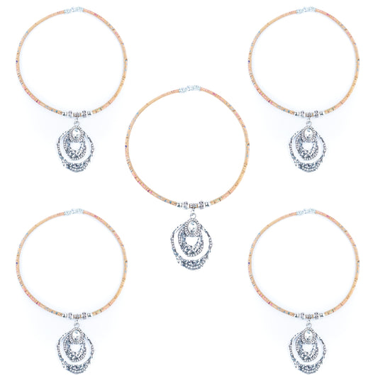 Elegant Handmade Cork Necklace – Multi-Layer Arc Pendant in Vintage Silver, Natural Eco Jewelry N-201-5