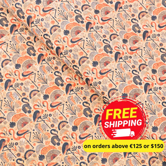 Flamingo Collection - Flamingo and Floral Pattern Cork Fabric COF-746