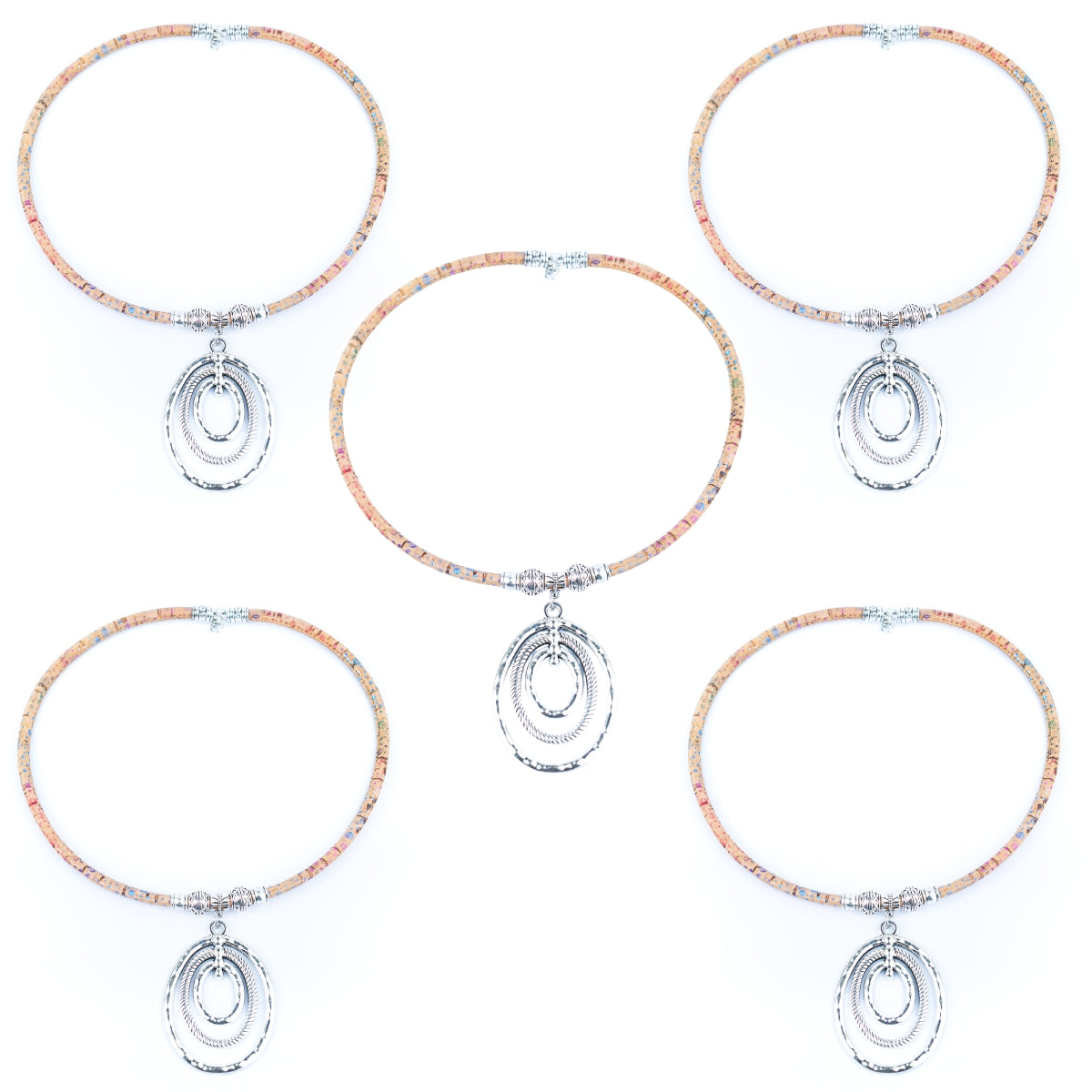 Natural cork cord and three-layer silver ring pendant handmade women's fashion necklace N-301-5
