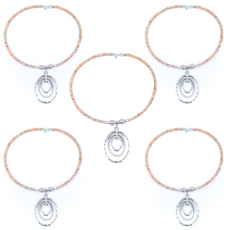 Natural cork cord and three-layer silver ring pendant handmade women&