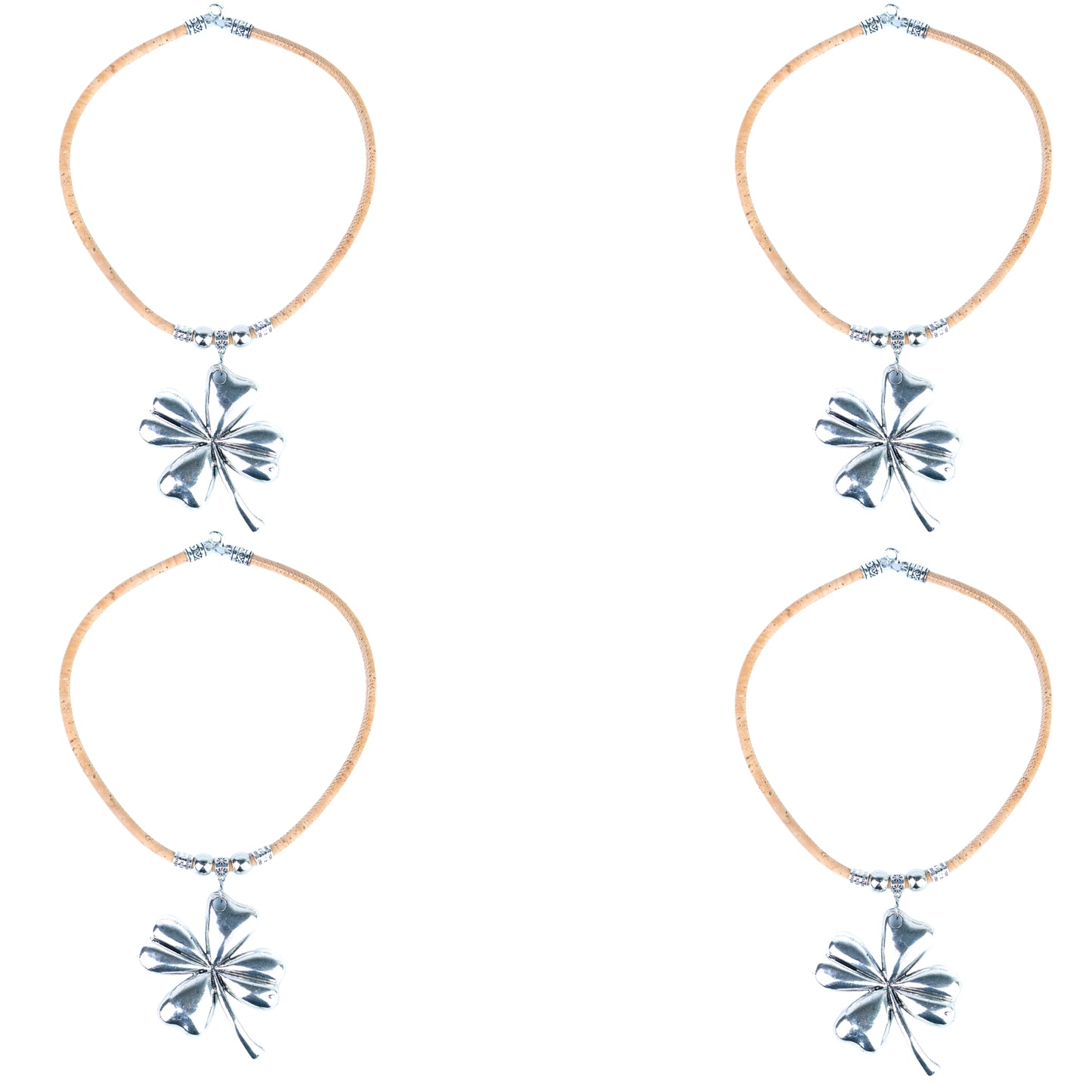 Portuguese Handmade Cork Necklace with Four-Leaf Clover Alloy Pendant NE-1095-4