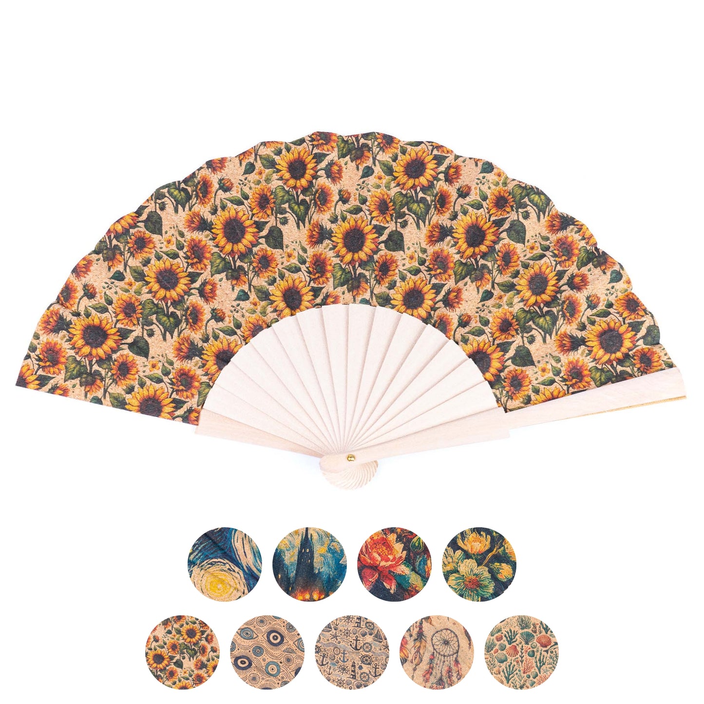 10units-Cork Antique Wooden Folding Hand Fan  L-1182