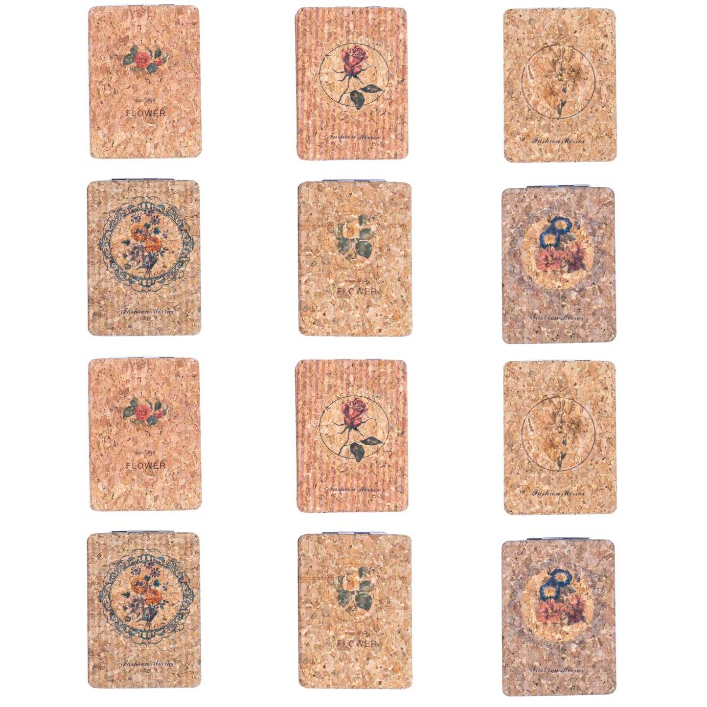 Eco-Friendly Cork Compact Mirror with Vintage Floral Print (12-Pack) L-1175-12
