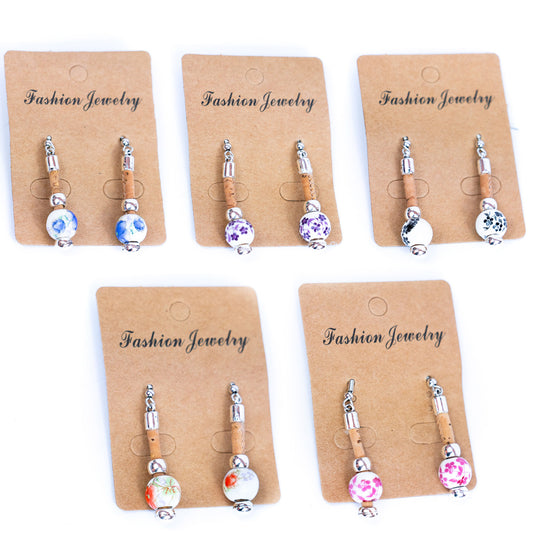 colorful colors cork cord and printed ceramic beads handmade earrings-ER-171-MIX-5