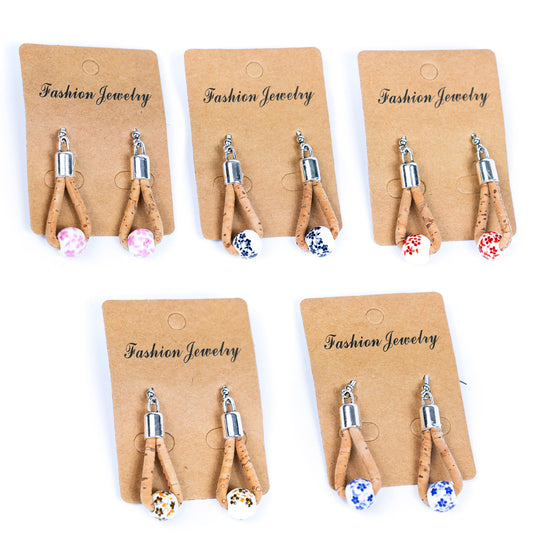 colorful colors cork cord and printed ceramic beads handmade earrings-ER-172-MIX-5