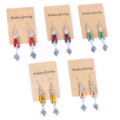 natural cork cord and maple leaf pendant handmade earrings-ER-174-MIX-5
