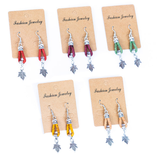natural cork cord and maple leaf pendant handmade earrings-ER-174-MIX-5