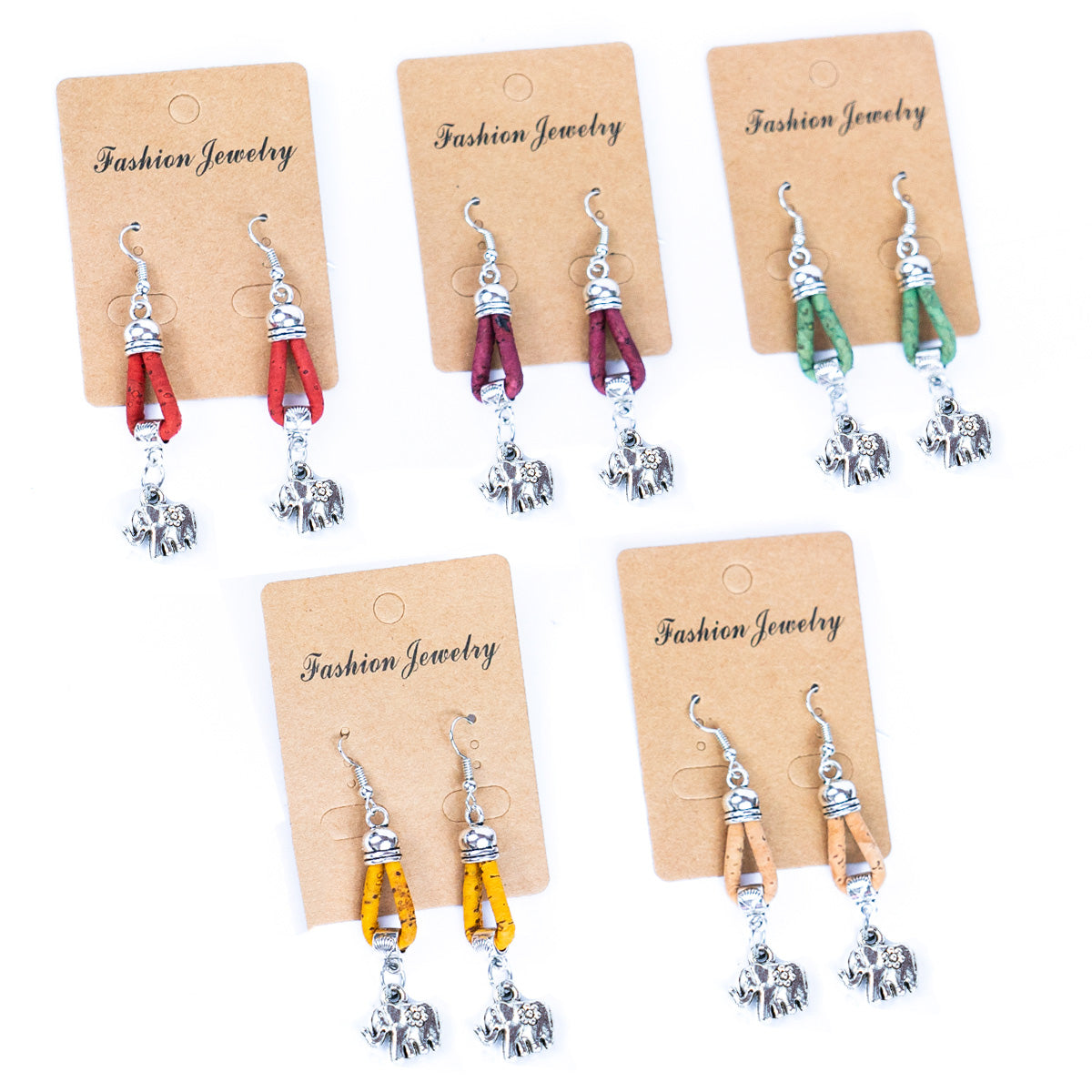 natural cork cord and elephant pendant handmade earrings-ER-176-MIX-5