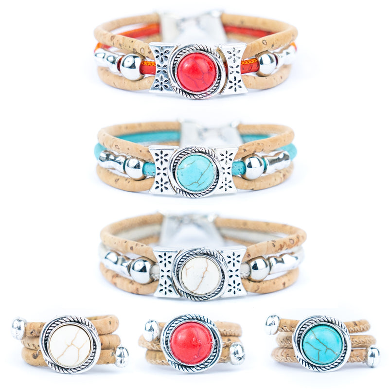 Natural cork cord and ceramic beads handmade bracelet and earring sets ，SET-032-MIX-6