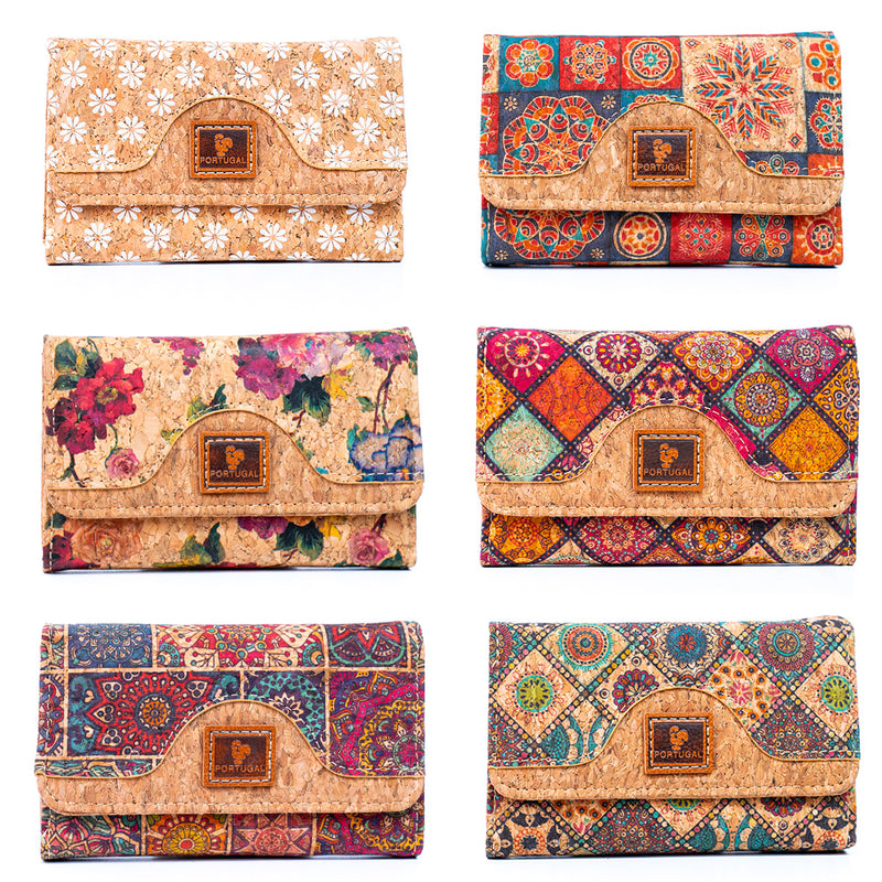 6 Cork card Wallets with Floral Print Patterns (6 Units) BAGD-192-MIX-6