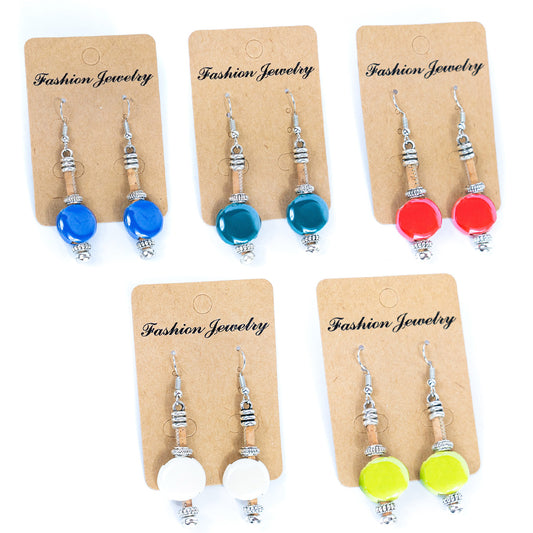 Natural cork cord and colorful ceramic beads handmade women's earrings -ER-197-MIX-5
