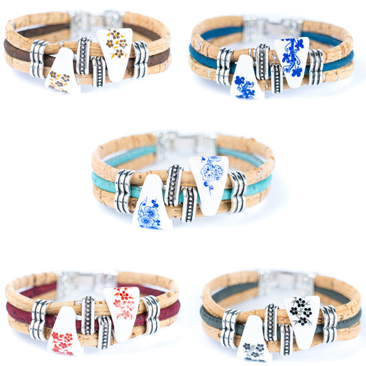 Handmade Cork Bracelet Set with Ceramic Beads | Natural Cork | 5 Colors-BR-474-MIX-5