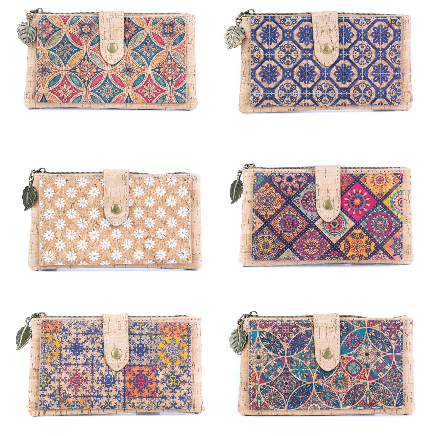 6pcs | Cork Long Wallet | Boho Print, Multi-Card & Zip Coin Pocket BAGD-633
