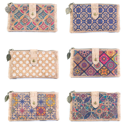 6pcs | Cork Long Wallet | Boho Print, Multi-Card & Zip Coin Pocket BAGD-633