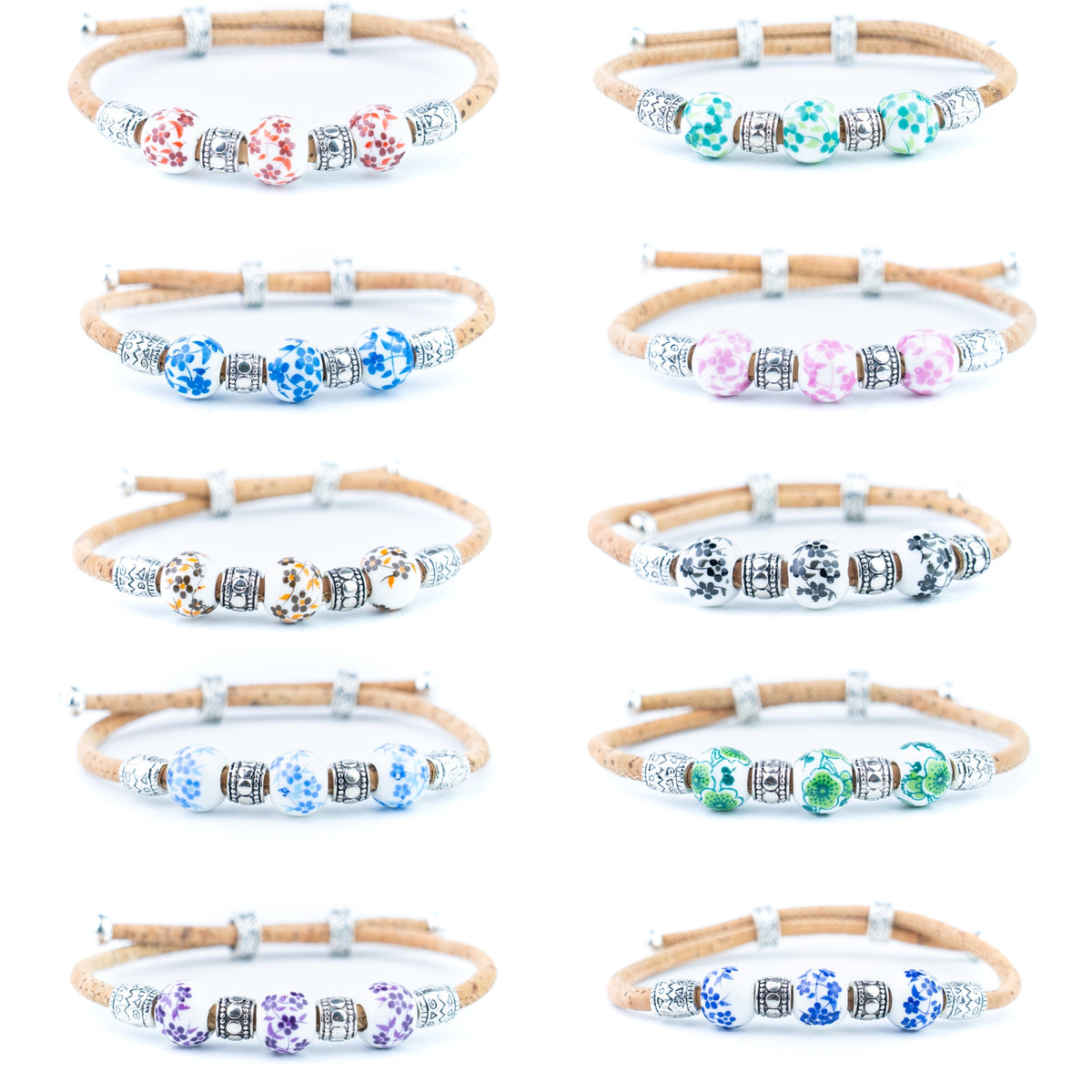 Natural Cork Bracelet with Floral Ceramic Beads – Set of 10 Assorted Colours DBR-066-MIX-10