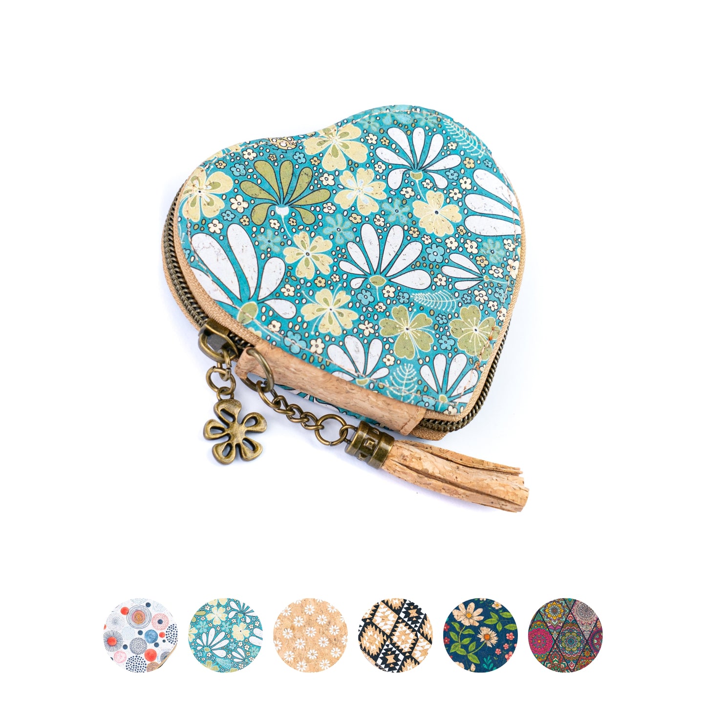 Heart-Shaped Cork Coin Purse with Tassel - Vegan Leather Alternative Zipper Pouch BAG-2370