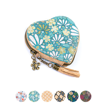 Heart-Shaped Cork Coin Purse with Tassel - Vegan Leather Alternative Zipper Pouch BAG-2370