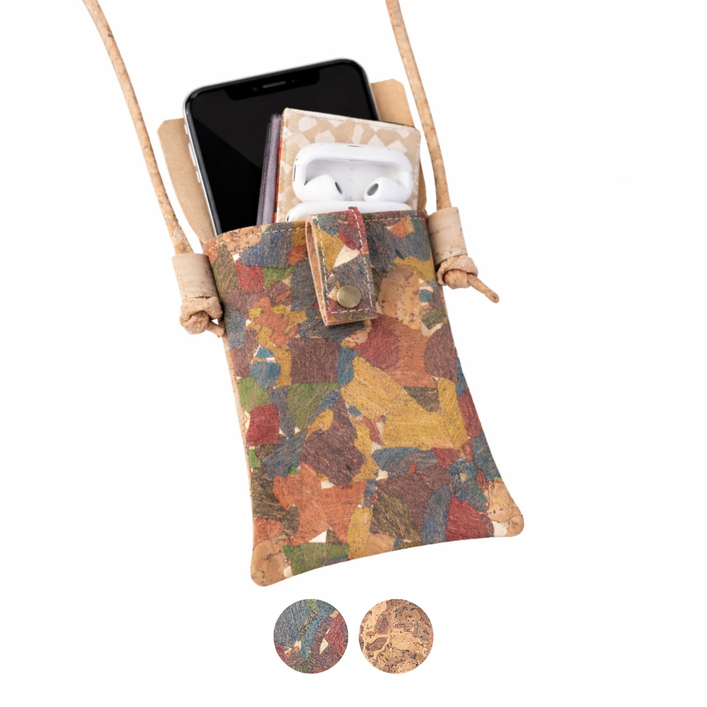 5pcs | Cork Phone Crossbody Bag | Multicolor Patchwork, Snap Closure & Cork Strap BAGP-370