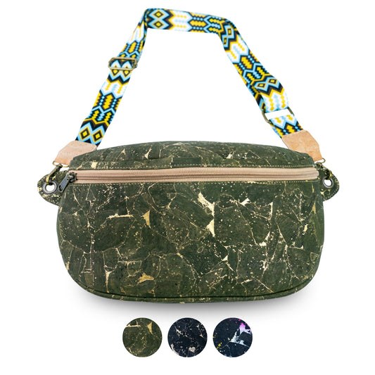 Cork Crossbody Sling Bag with Gold Accents and Patterned Strap BAGP-400