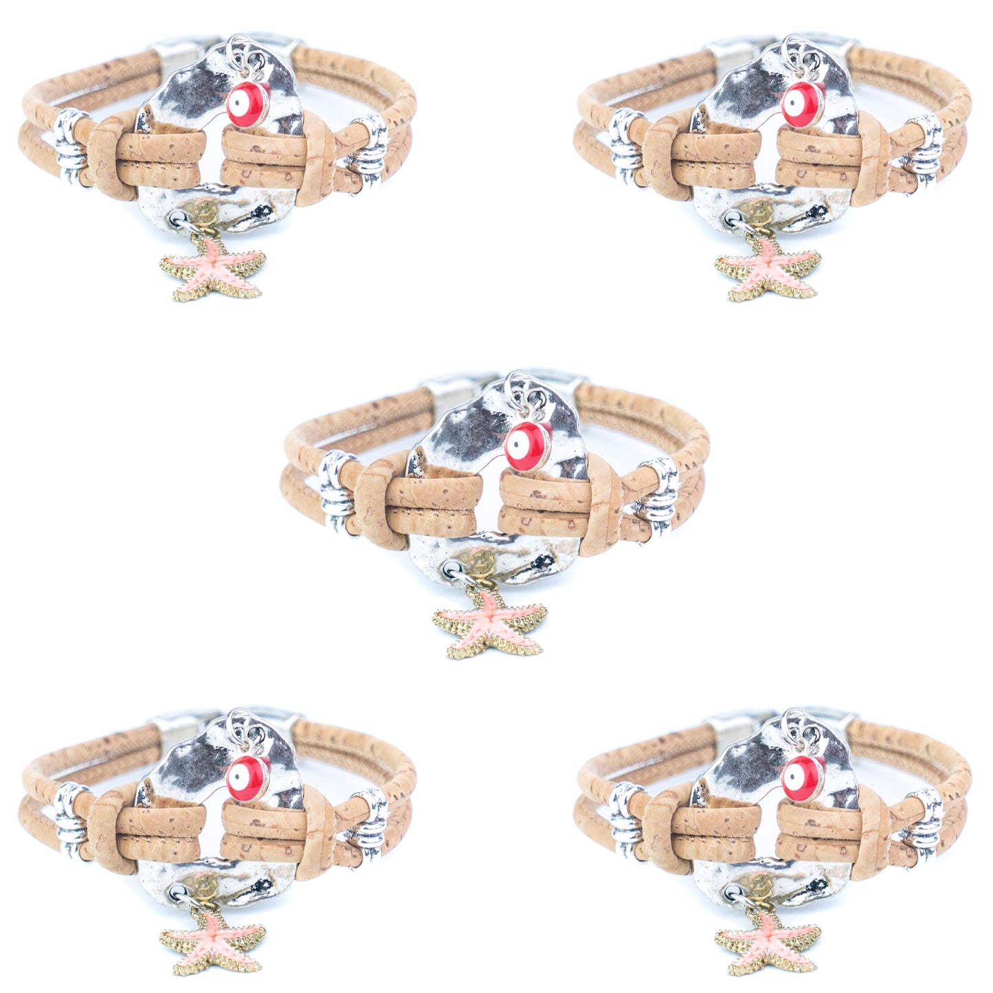 Portuguese Handmade Cork Bracelet with Starfish &amp; Evil Eye Charms- women's bracelet  BR-218-5