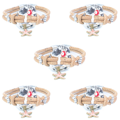 Portuguese Handmade Cork Bracelet with Starfish &amp; Evil Eye Charms- women's bracelet  BR-218-5