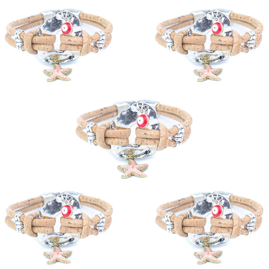 Portuguese Handmade Cork Bracelet with Starfish &amp; Evil Eye Charms- women's bracelet  BR-218-5