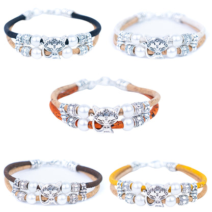 Colorful cork with pearl and cat pendant bracelet adjustable BR-004-MIX-5