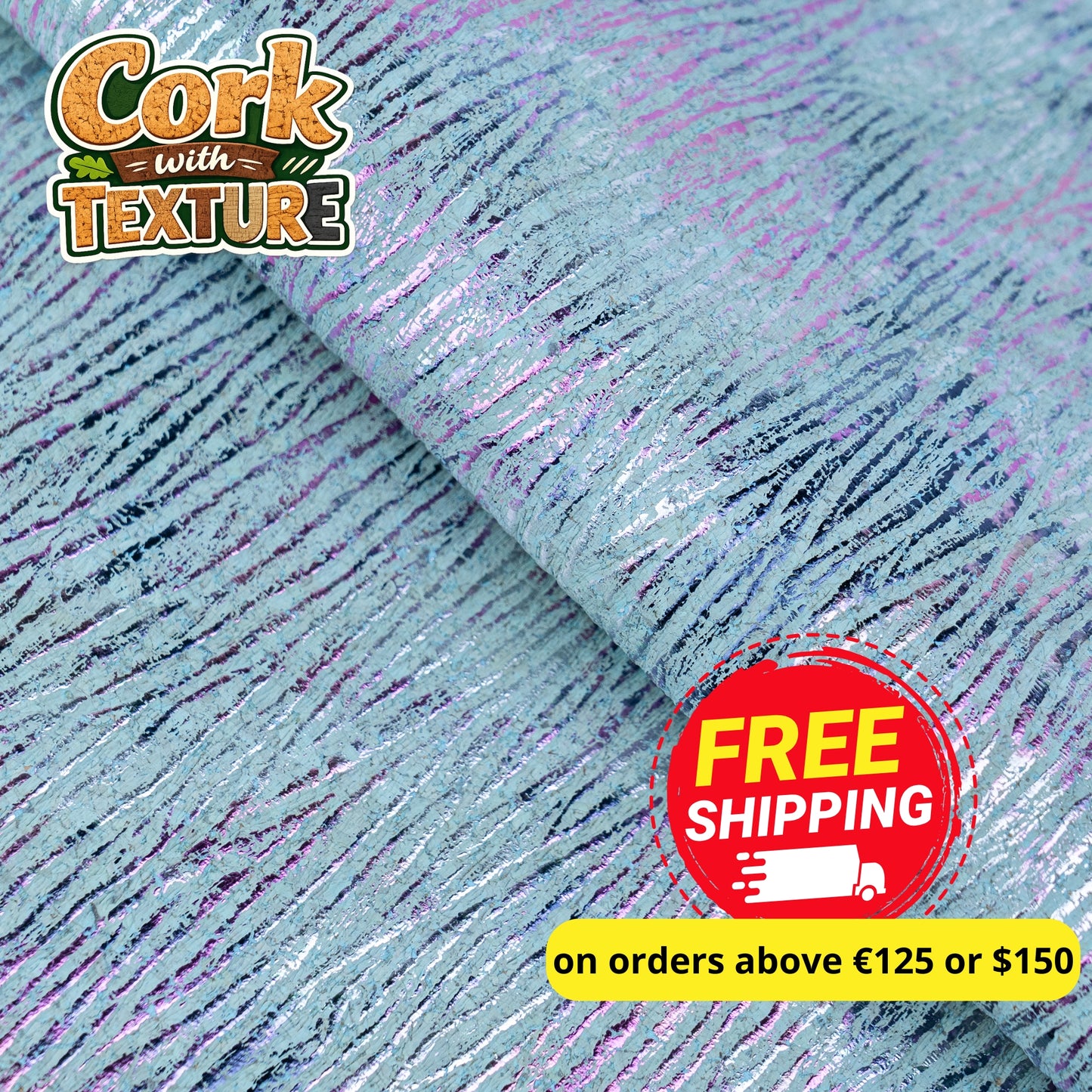 Embossed Iridescent Cork Fabric – Aqua Blue & Purple Metallic Texture COF-697