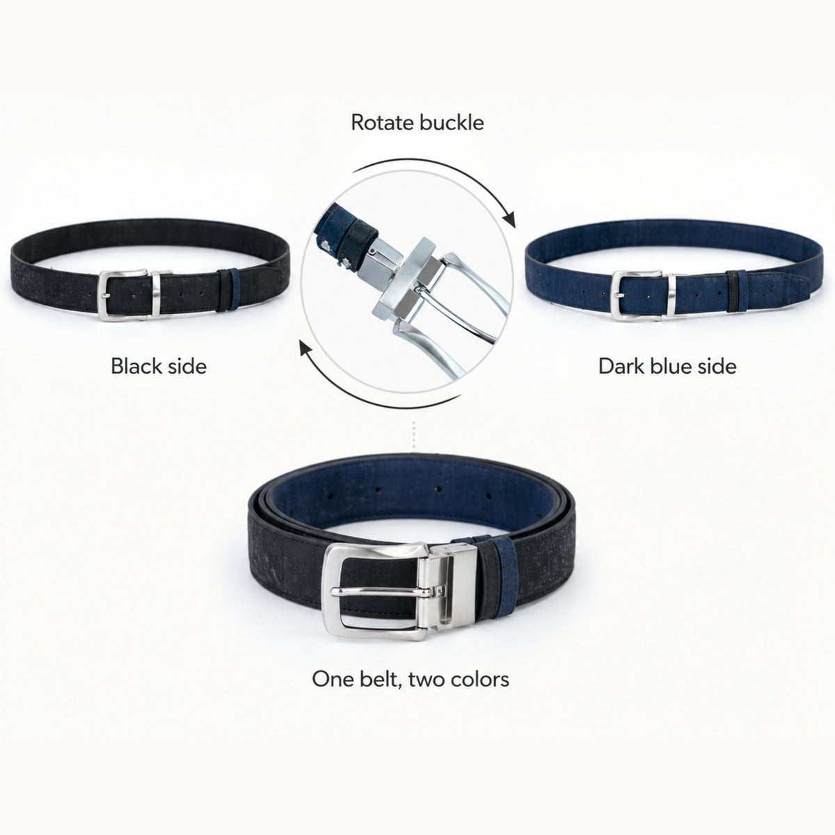 Men's Reversible Cork Belt – Black & Dark Blue, 125 cm | L-1044A