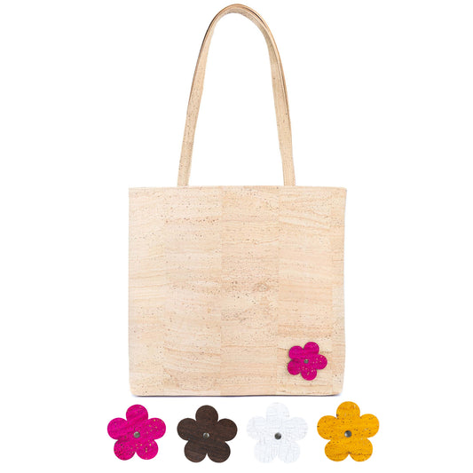 All Cork Tote Bag with  Flower Charm - Vegan Leather Shopper BAGP-359