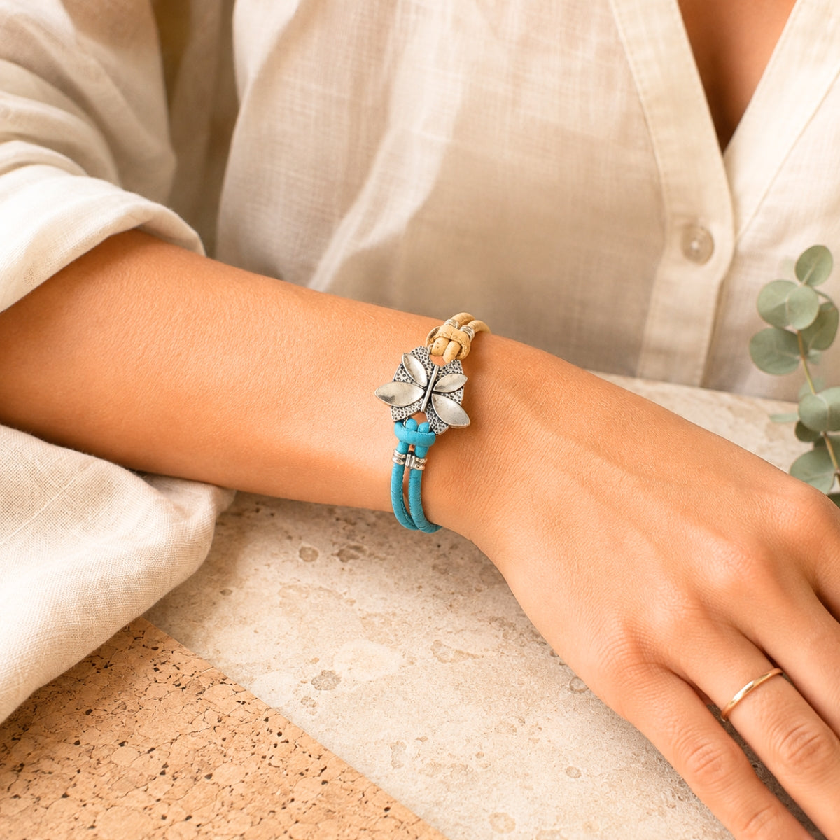 Handmade Natural Cork Bracelet with Silver-Tone Leaf  BR-535-MIX-5