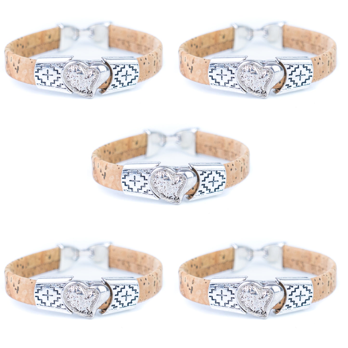 5pcs-Pack Cork Bracelet Set with Heart Charm – Unisex Natural Style BR-442-MIX-5